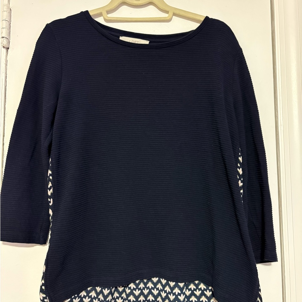 LOFT Navy Mixed Media Top | Floral Back| 3/4 Sleeve | Size S